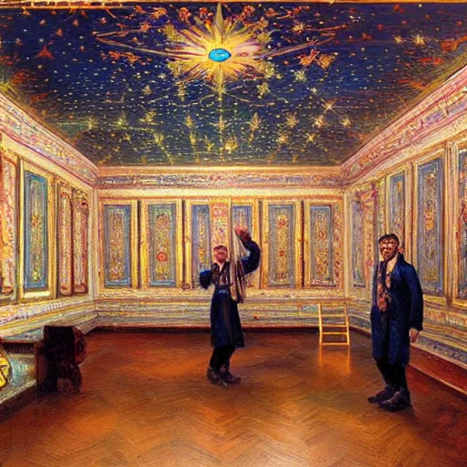 Prompt: udmurt twins uncovering the mysteries of long forgotten room with a starlit ceiling, in the style of konstantin razumov, detailed faces, extremely detailed