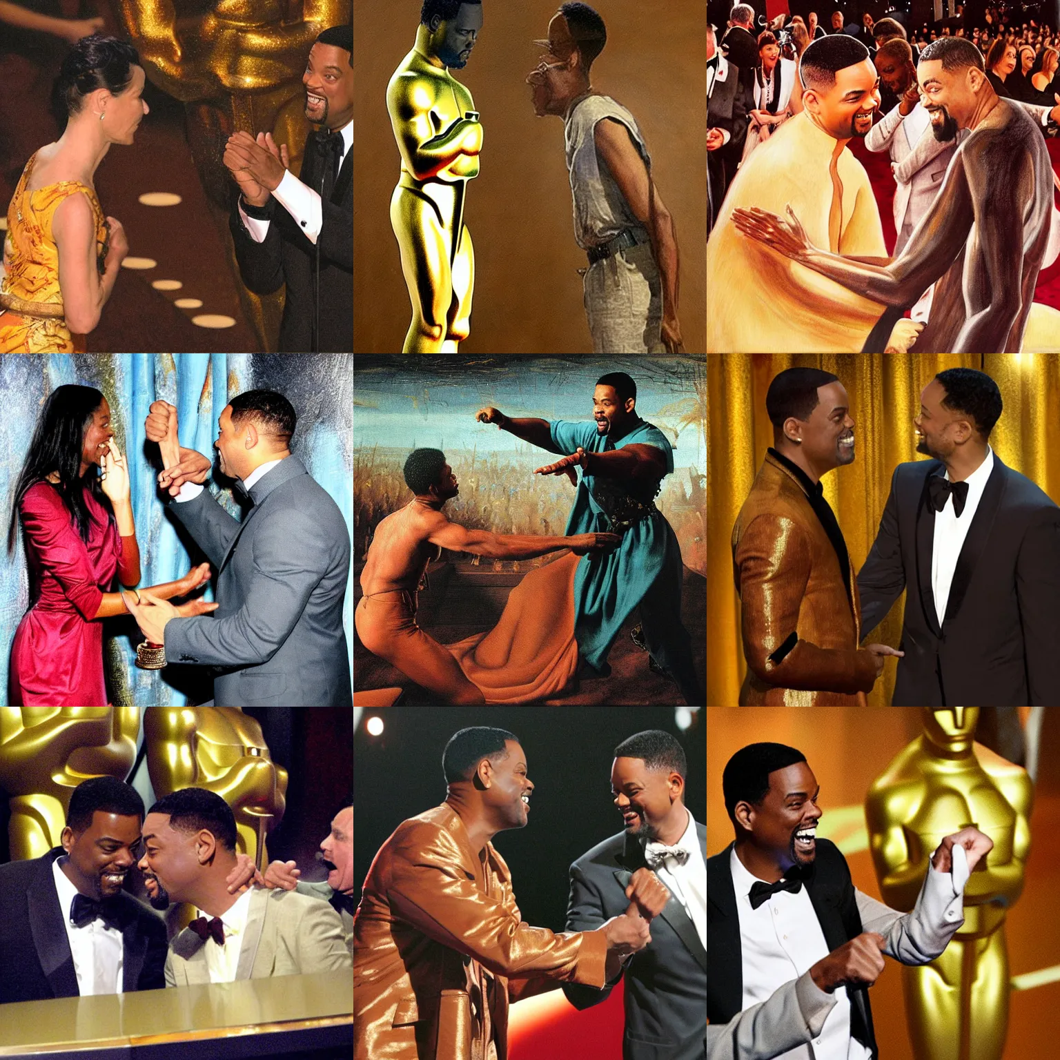 Prompt: a painting chris rock slapping will smith at the oscars, beautiful, by leonardo da vinci