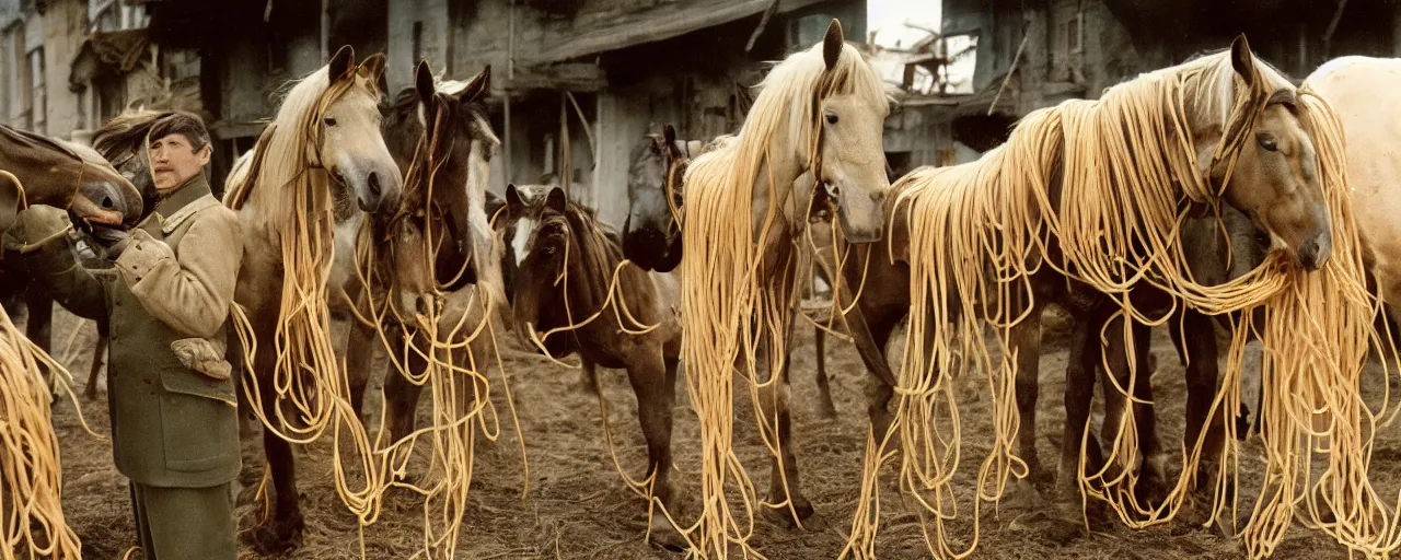 Image similar to horses eat spaghetti, world war 1, canon 5 0 mm, kodachrome, in the style of wes anderson, retro