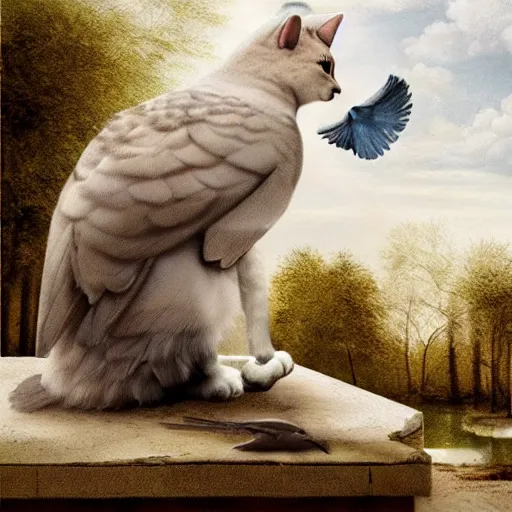 Image similar to cat playing with the dove of peace, photorealistic, detailed