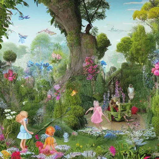 Prompt: a whimsical garden scene. In the art installation, a young girl can be seen playing among the flowers and trees, while a fairy watches over her. blueprint by Raphael Lacoste, by Kent Monkman ghastly