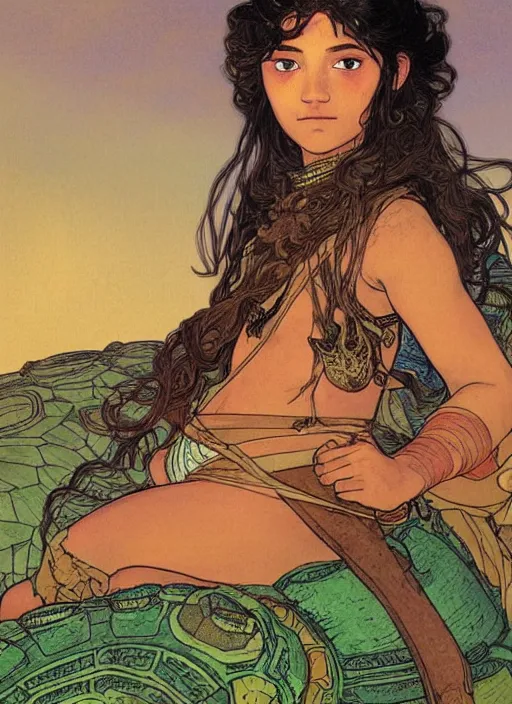 Image similar to portrait of a little warrior girl laying on top of a giant turtle in the desert. the girl has dark skin and beautiful green eyes, realistic body legs and a very beautiful detailed symmetrical face with long black hair. the turtle has a big wise face and closed eyes. diffuse light, dramatic landscape, fantasy illustration by mucha