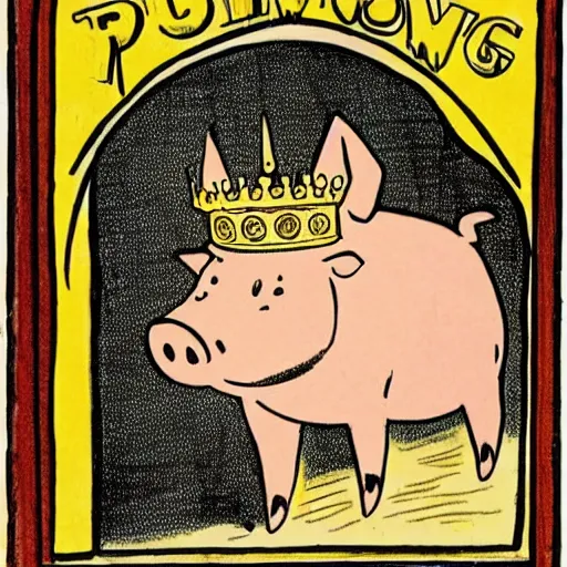 Image similar to al capp drawing of a pig wearing a gold crown