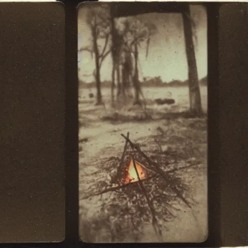 Prompt: occult sacrifice site in the Louisana swamp, detailed, dark, scary, real Polaroid photo