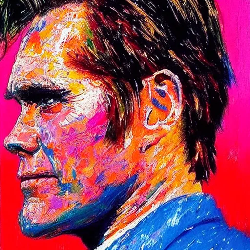 Prompt: jim carrey by leroy neiman, intricate, ultra detailed painting, atmospheric lighting, golden hour