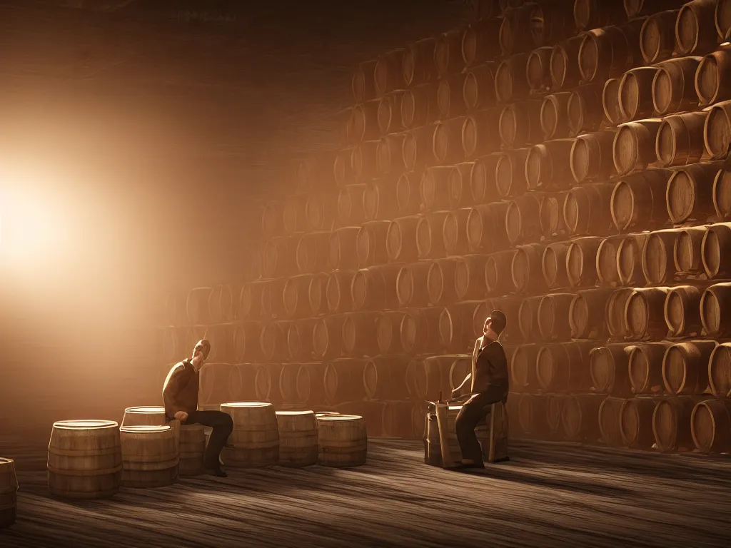 Prompt: a man sitting on a small wooden stool in a whisky factory with barrels stacked up to the sealing. beautiful atmospheric lighting, sunlight beaming through open windows, small dust particles in the air. unreal engine 5, v - ray, 8 k, ultra hd, god rays. concept art.