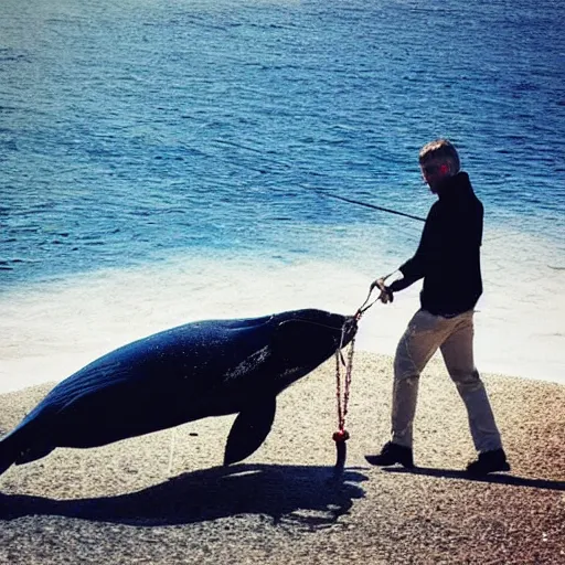 Image similar to “A photo of a man walking a whale on a leash like a dog”