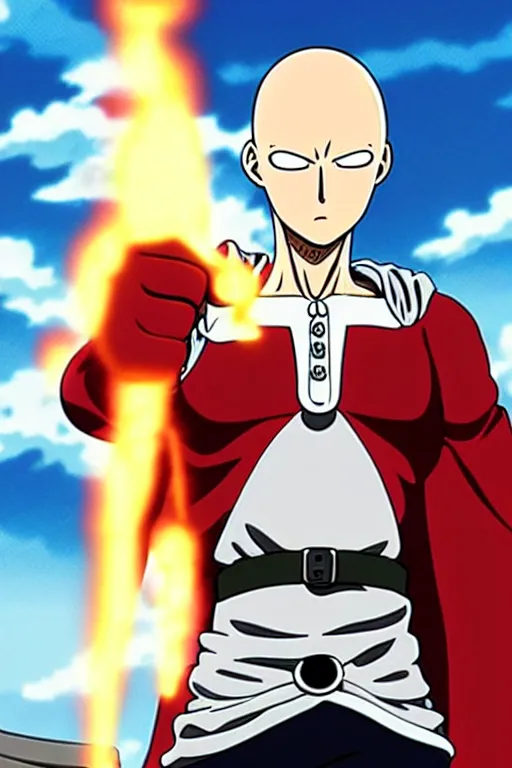 Prompt: baking saitama one punch man, with french baguette, anime artwork