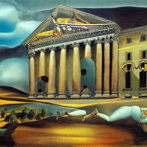 Prompt: solarpunk dreaming new York stock exchange in a toscana landscape with modern houses, painted by Salvador Dali, highly detailed