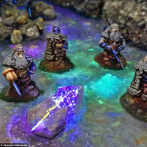 Prompt: dwarf pioneers have discovered an ancient path of the great empire of the ancient dwarves, illuminated by crystals and paved with gems