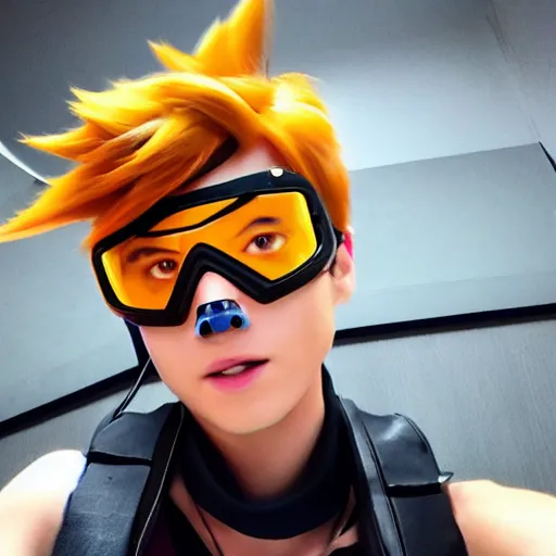 Image similar to tracer from overwatch wearing googles smartphone selfie