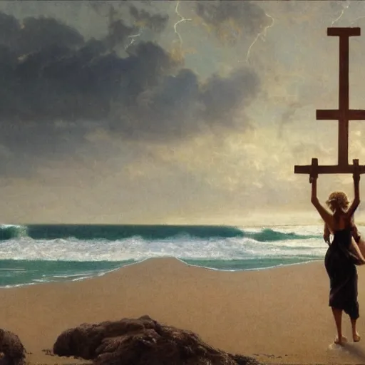 Image similar to a highly detailed portrait of a large cross standing on the beach as a storm comes in with the tide, a beautiful blonde woman sitting in the sand watching the ocean, epic fantasy, god rays, rocky beach, aerial photography, volumetric lighting, octane render, exquisite detail, 8 k, art by norman rockwell and albert bierstadt and alphonse mucha