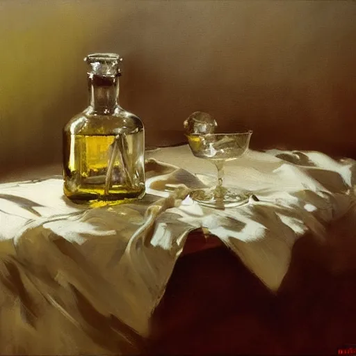 Prompt: oil painting of vodka bottle, art by anders zorn, wonderful masterpiece by greg rutkowski, beautiful cinematic light, american romanticism by greg manchess, creation by tyler edlin, folds of fabric, tablecloth, curtains, shiny oak table, polished wood