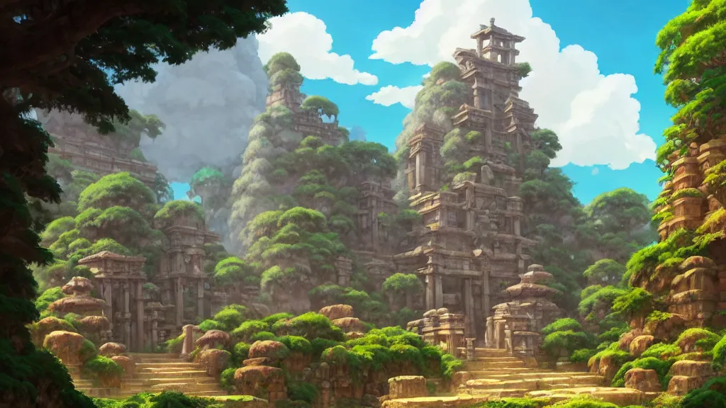 Image similar to ancient temple ruins, studio ghibli, pixar and disney animation, sharp, rendered in unreal engine 5, highly detailed, digital painting, artstation, concept art, smooth, sharp focus, illustration, wide angle, artbook, wallpaper, splash art, promo art, dramatic lighting, art by artgerm and greg rutkowski and bo chen and jin xiaodi