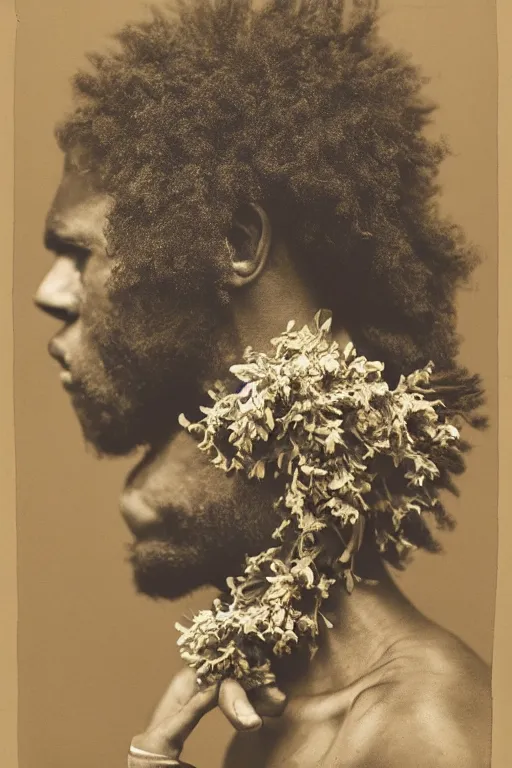 Prompt: a black young man's face in profile, no beard, long curly hair made of flowers and fruit, in the style of the Dutch masters and Alec Soth, dark and moody