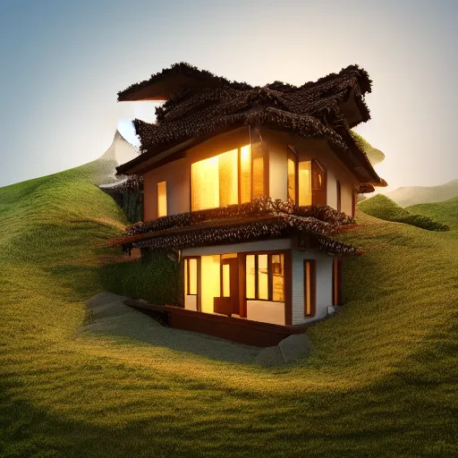 Prompt: small hillside house made of honey, modern lighting, hyper - realistic, hyper - detailed, 8 k, octane rendered, art nouveau, organic, flowing, impossible torsion, writhing, dynamic