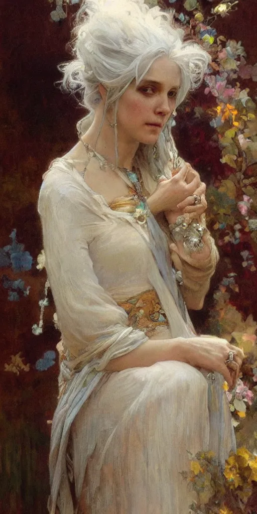 Image similar to a beautiful white haired woman, adorned with precious stones, by jeremy mann and alphonse mucha