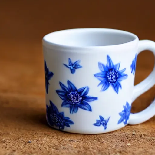 Image similar to clay mug on a white surface surrounded by a plethora of blue and white flowers, bright white realistic, up close shot, white background, zen, light, modern minimalist f 2 0