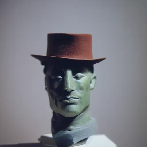 Image similar to photo of man head wearing a fedora soap sculpture, cinestill, 8 0 0 t, 3 5 mm, full - hd