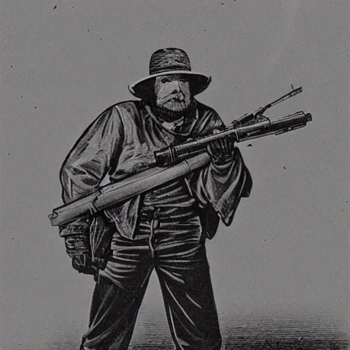 Prompt: 19th century scruffy american trapper holding a rifle, on mars, pulp science fiction illustration