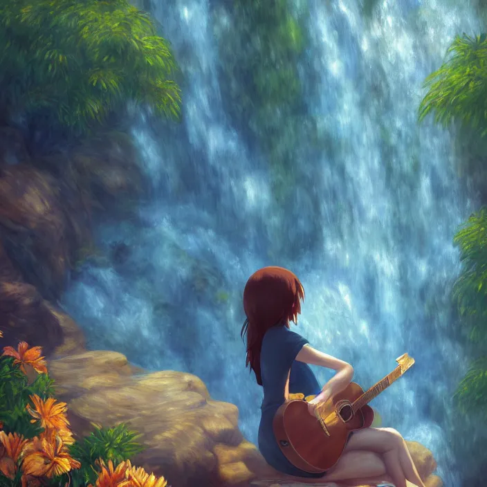 Image similar to an epic makoto shinkai and renoir landscape of a hawaiian waterfall, golden hour, 🌺. a brown haired woman playing a guitar. ultra smooth, lois van baarle, ilya kuvshinov, unreal engine, blender, trending on artstation, suntur, caleb worcester, highly detailed, photorealism, bloom effect 8 k