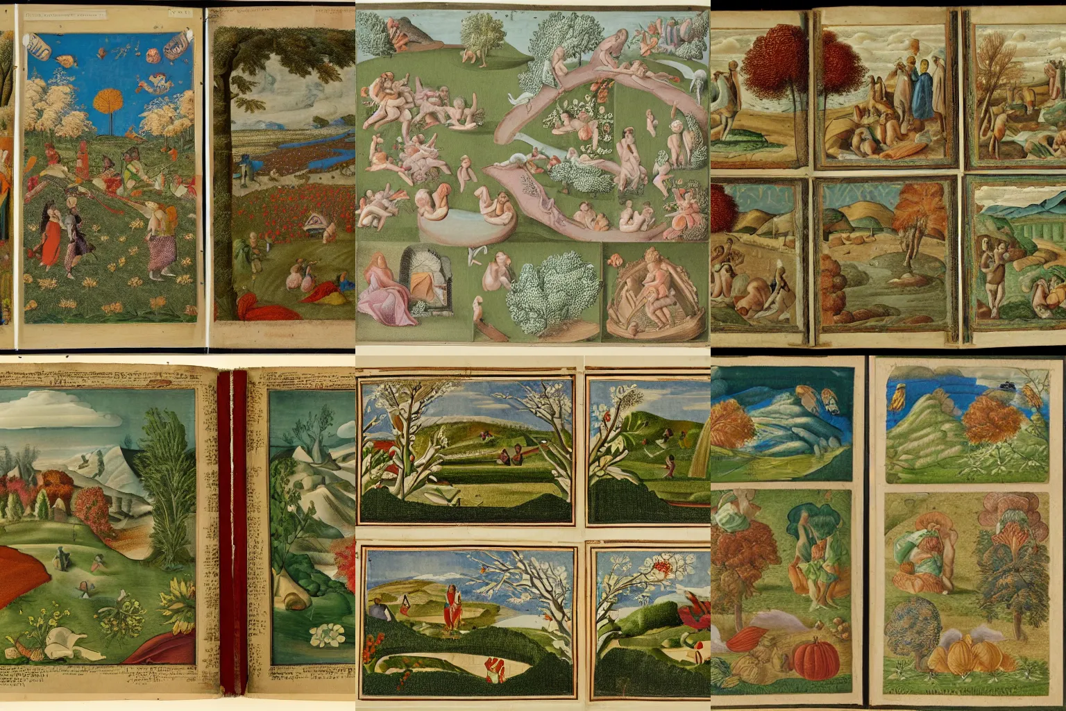 Prompt: a motif of the four seasons, depicting, spring, summer, fall, winter, as a quad-view of illustration