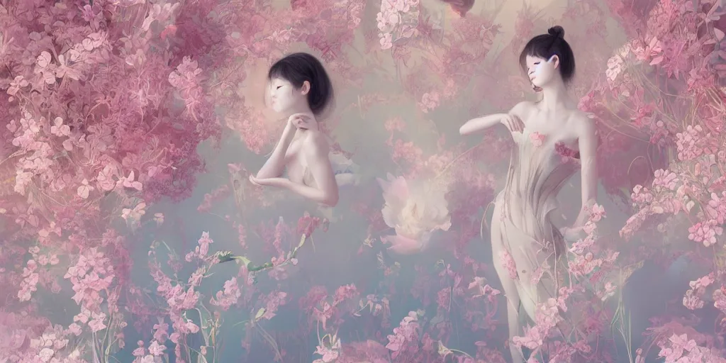 Image similar to breathtaking delicate detailed concept art painting pattern blend of flowers and girls, by hsiao - ron cheng, bizarre compositions, exquisite detail, pastel colors, 8 k