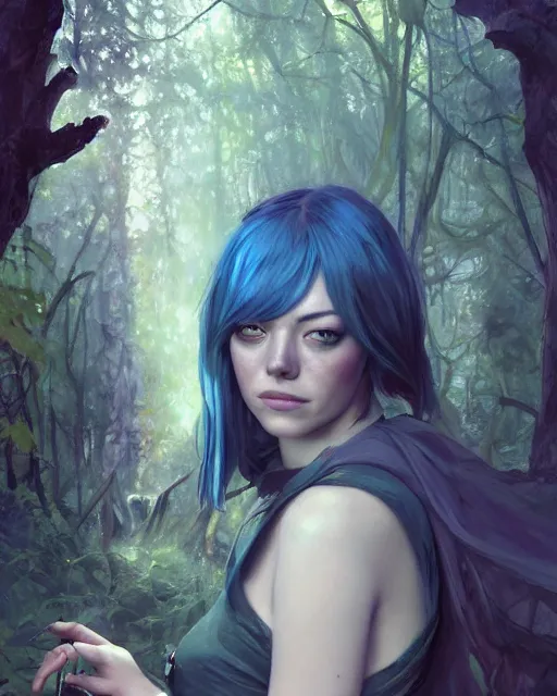 Image similar to stunningly beautiful female blue hair, emma stone face, antasy art, fae priestess, lush forest landscape, dark light night, sharp focus, digital painting, 8 k, concept art, art by wlop, artgerm, greg rutkowski and alphonse mucha