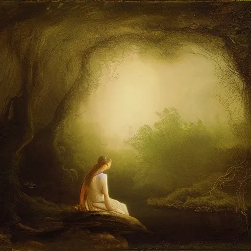 Image similar to girl in white dress sits by a pond in an apocalyptic dark forest at night, by john martin