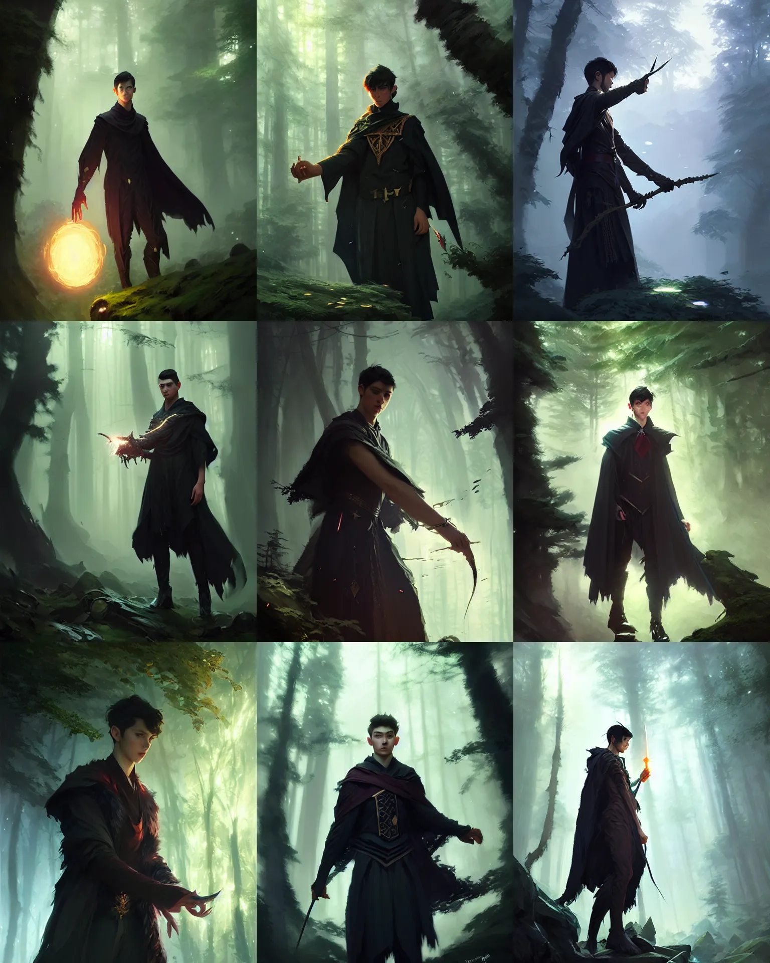 Prompt: young male sorcerer univerity uniform, short dark hair, fantasy forest landscape, fantasy magic, dark, intricate, elegant, sharp focus, illustration, highly detailed, digital painting, lens flare, bloom, concept art, matte, art by ruan jia and wlop and greg rutkowski, masterpiece