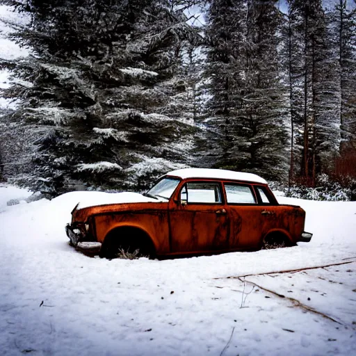 Image similar to rusty sedan in winter forest