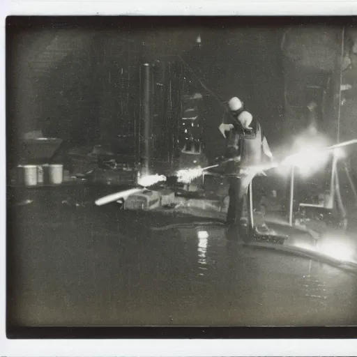 Prompt: a polaroid of a person welding in the harbour of Rotterdam