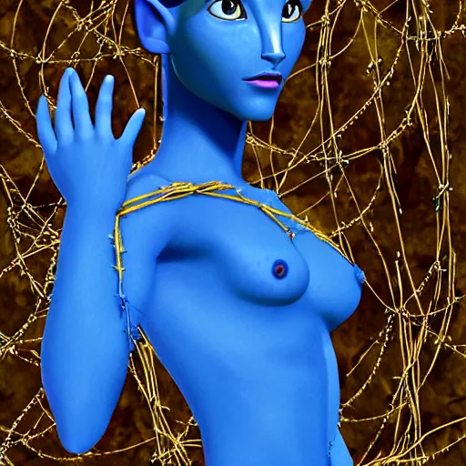 Image similar to a blue - skinned female navi from avatar wrapped in barbed wire, high resolution film still, hdr color, movie by james cameron