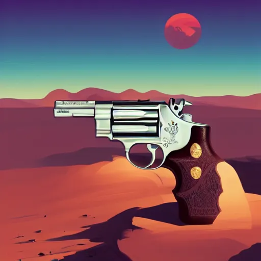 Image similar to smith & wesson revolver in the desert, smooth face, centered median photoshop filter cutout vector behance hd by artgerm, jesper ejsing, by rhads, makoto shinkai and lois van baarle, ilya kuvshinov, rossdraws, illustration, art by ilya kuvshinov and gustav klimt