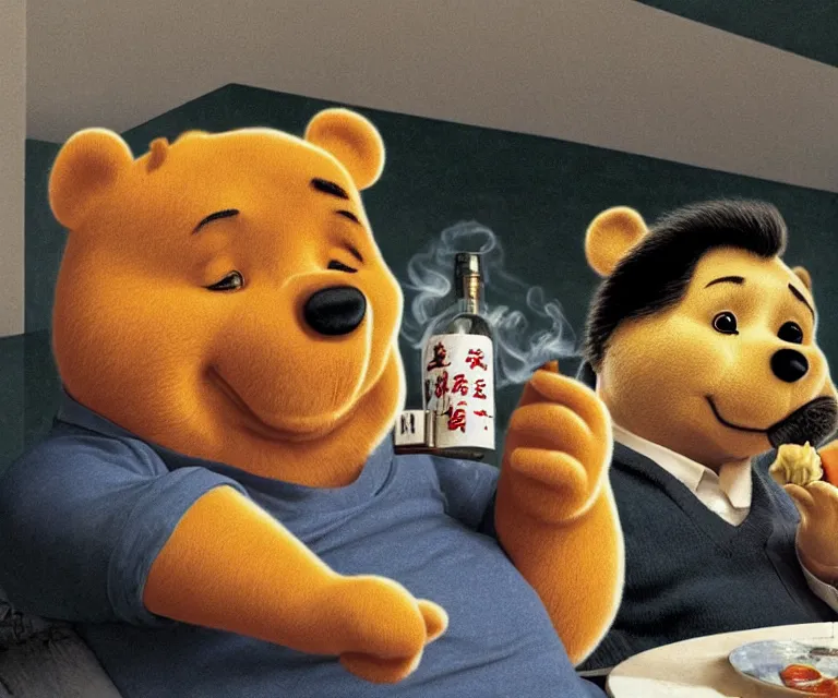 Prompt: hyperrealism movie still photography of real detailed drunk xi jinping with detailed face smoking detailed weed in detailed basement bedroom with drunk winnie the pooh hyperrealism photography by araki nobuyoshi