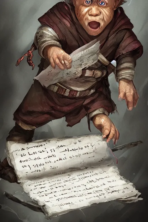 Image similar to A deranged tiny filthy halfling wearing long dark damaged ripped robes showing a magic paper scroll, camera looking down upon, long fingernails, unclipped fingernails, sharp fingernails, focus on face, sharp focus, digital painting, trending on artstation, concept art, fantasy, medieval