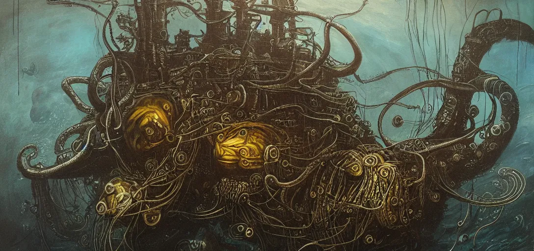 Prompt: muant, biopunk, octopus, squid, marine, hp lovecraft style, scuba diving, dark atmosphere, anglerfish, u - boat mechanism, deep ocean crature, great old ones, detailed, 4 k, dutch style painting, underwater city, oil on canvas by rembrandt van rijn