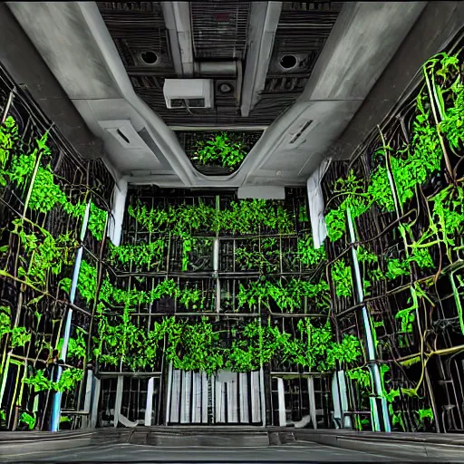 Image similar to Robo-modules of the GLaDOS super computer in the center of a huge hall overgrown with vines and plants of the complex, old computers, a suspension of dust in the air, rays of light through the ceiling, realism, art,