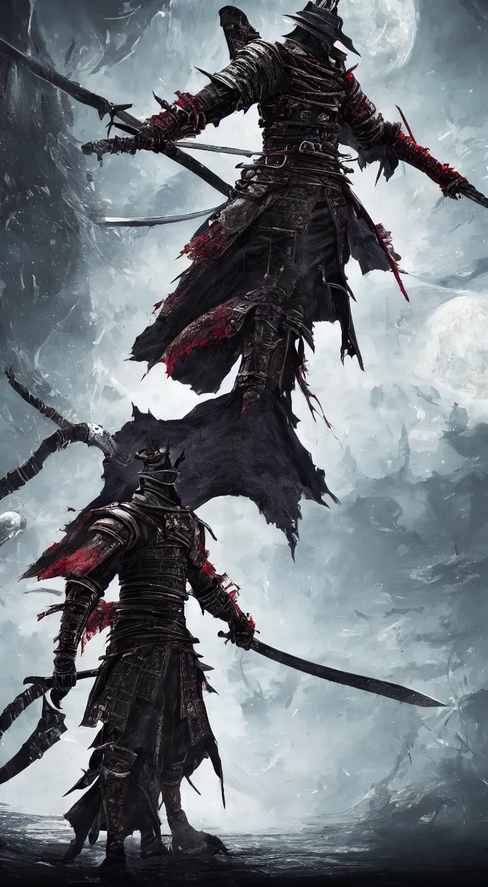 Image similar to Futuristic samurai in Bloodborne world, concept art, wallpaper 8k