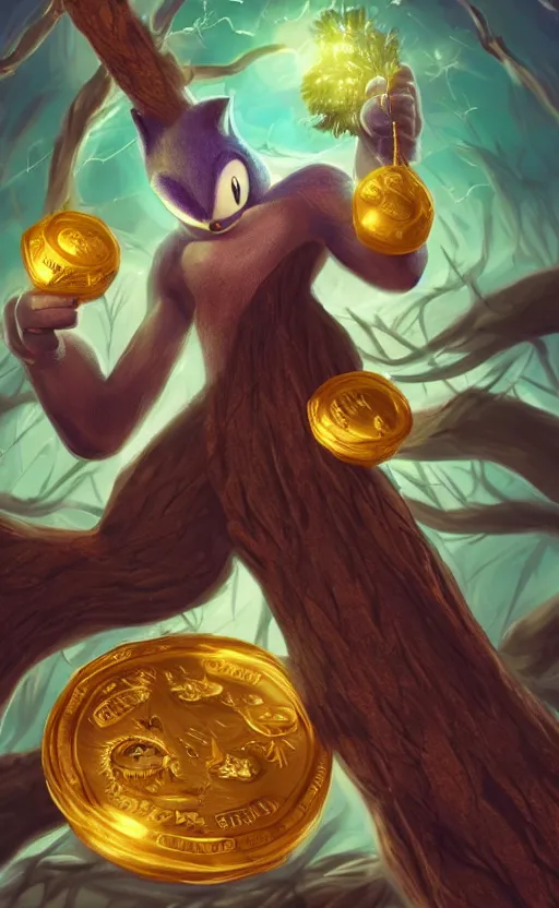 Prompt: shaq as a tree, sonic the hedgehog, gold coins, oil painting, fantasy concept art, trending on art station, stunning visuals, creative, cinematic, ultra detailed, sharp