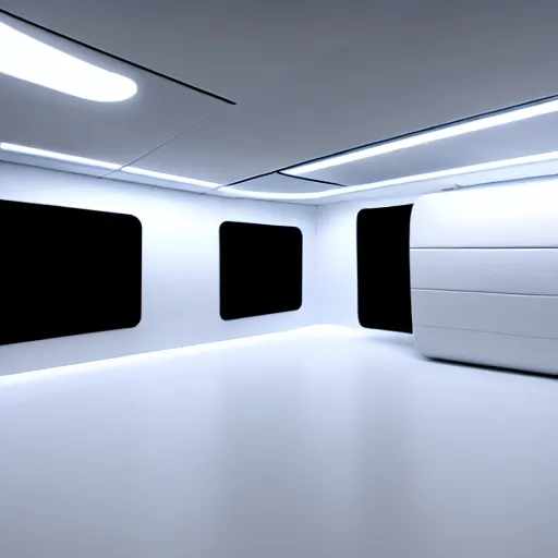 Image similar to a white room 1 2 ft long x 1 0 ft wide x 8 ft tall, geometrically perfect, clean and empty, sci fi spaceship futuristic paneling unreal engine, general studio lighting, 8 k,