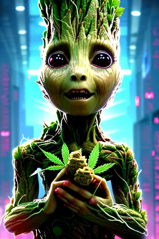 Prompt: high quality 3 d render very cute beautiful creature with a cannabis inflorescence instead of a head, like baby groot! incorporated speakers!, cyberpunk highly detailed, unreal engine cinematic smooth, in the style of blade runner & detective pikachu, hannah yata charlie immer, moody light, low angle, uhd 8 k, sharp focus