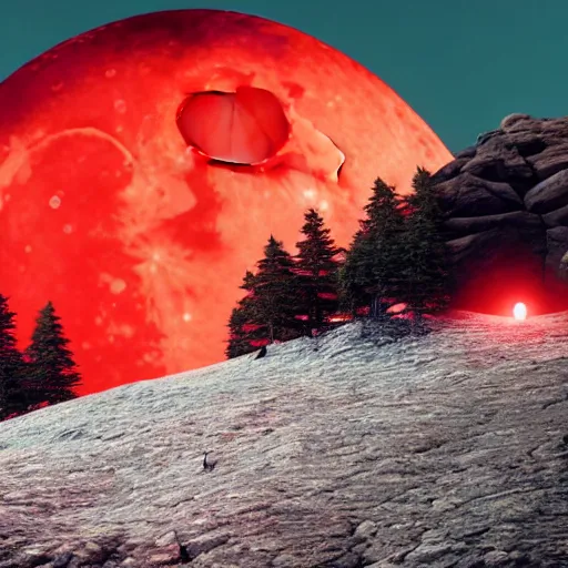 Prompt: a red moon at mountain night cinematic, hyper realism, high detail, octane render, unreal engine, 8k, Vibrant colors, Smooth gradients, High contrast, depth of field,