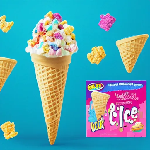 Image similar to the front of a kids cereal box for 'ice cream' cereal, featuring a levitating ice cream cone filled with pieces of cereal that resemble little ice cream cones