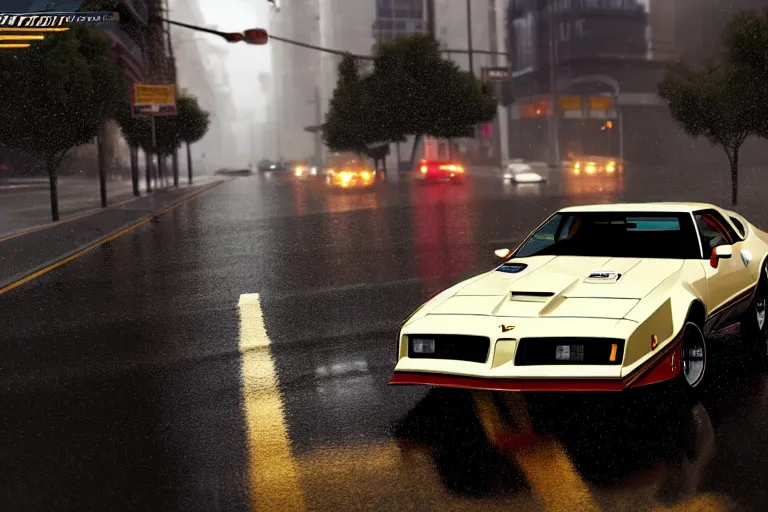 Image similar to hyperdetailed, photorealistic photograph of a 1 9 8 2 pontiac firebird trans - am drifting in the streets, rain, night, dense fog, hd, unreal engine 5 by greg rutowski, by stanley artgerm, by alphonse mucha