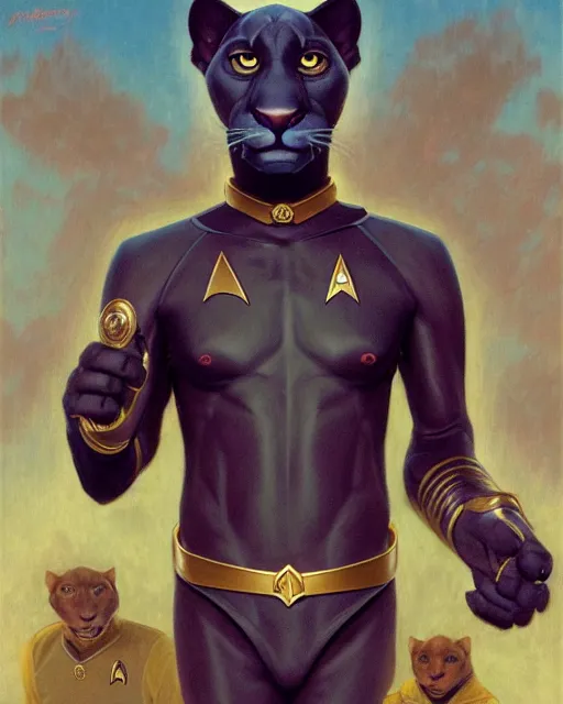 Image similar to painting of anthromorphic male panther in starfleet uniform, star trek, zootopia, fursona, furaffinity, 4 k, deviantart, furry art, very expressive detailed face, gaston bussiere, craig mullins, jc leyendecker, gustav klimt, artgerm, greg rutkowski, alphonse mucha