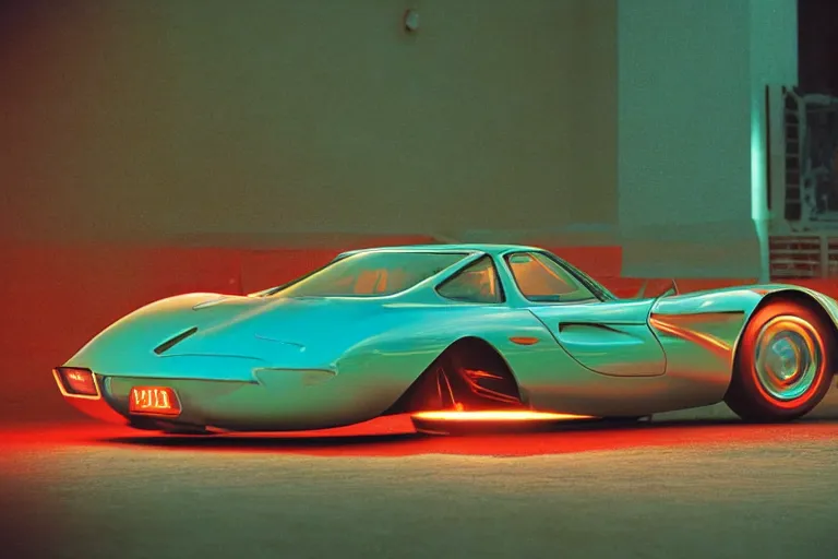 Image similar to stylized poser of a single 1973 Citroen DM Miura ((McLaren F1)), thick neon lights, ektachrome photograph, volumetric lighting, f8 aperture, cinematic Eastman 5384 film