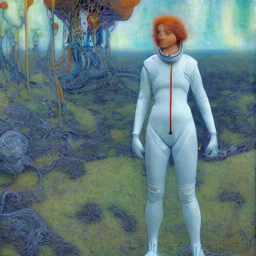 Image similar to beautiful woman in spacesuit, Martian forest, by Edgar Maxence and Ross Tran and Michael Whelan and Gustav Klimpt
