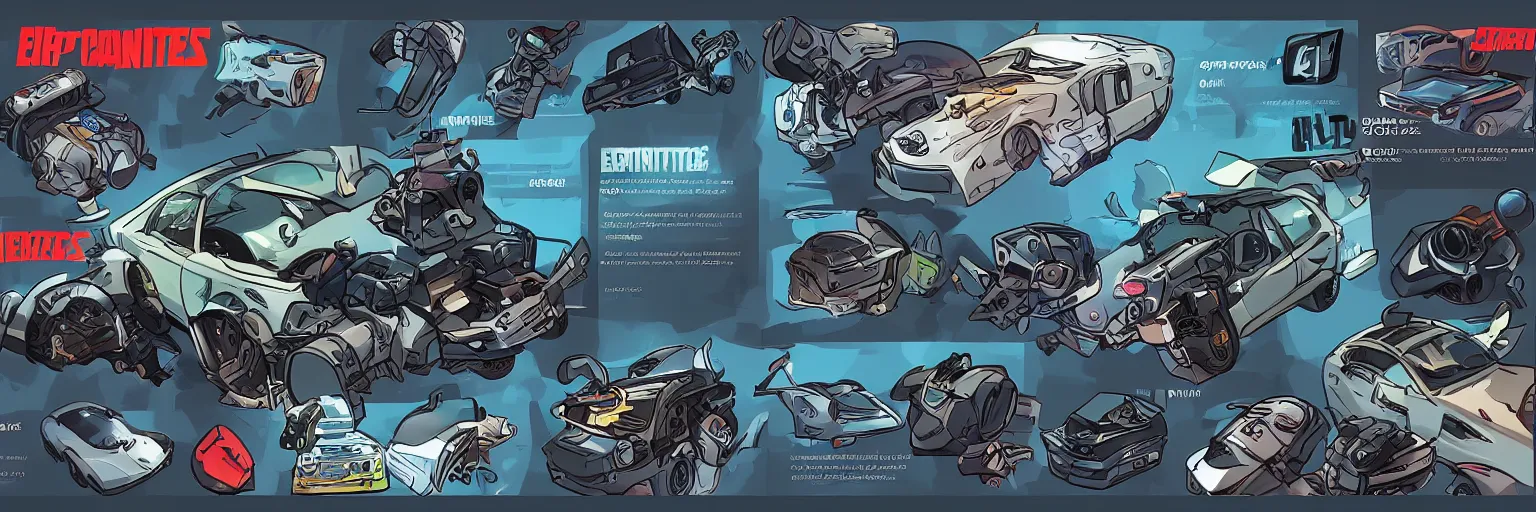 Image similar to car engine car parts concept art card, comic page, realistic fortnite, ui card