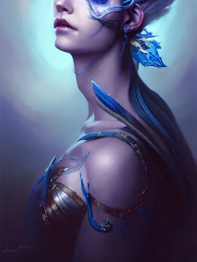 Image similar to the elven queen with blue skin by james jean, charlie bowater, tom bagshaw, nikolay makovsky : : enchanting, ethereal, magical, portrait, character design, illustration, hyperrealism, photorealism, digital art, concept art, fantasy, whimsy, weta, wlop, artstation